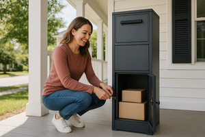 there are only two compartments on the package delivery box. one up top, where the deliveryman puts the packages, and one below. please try again.